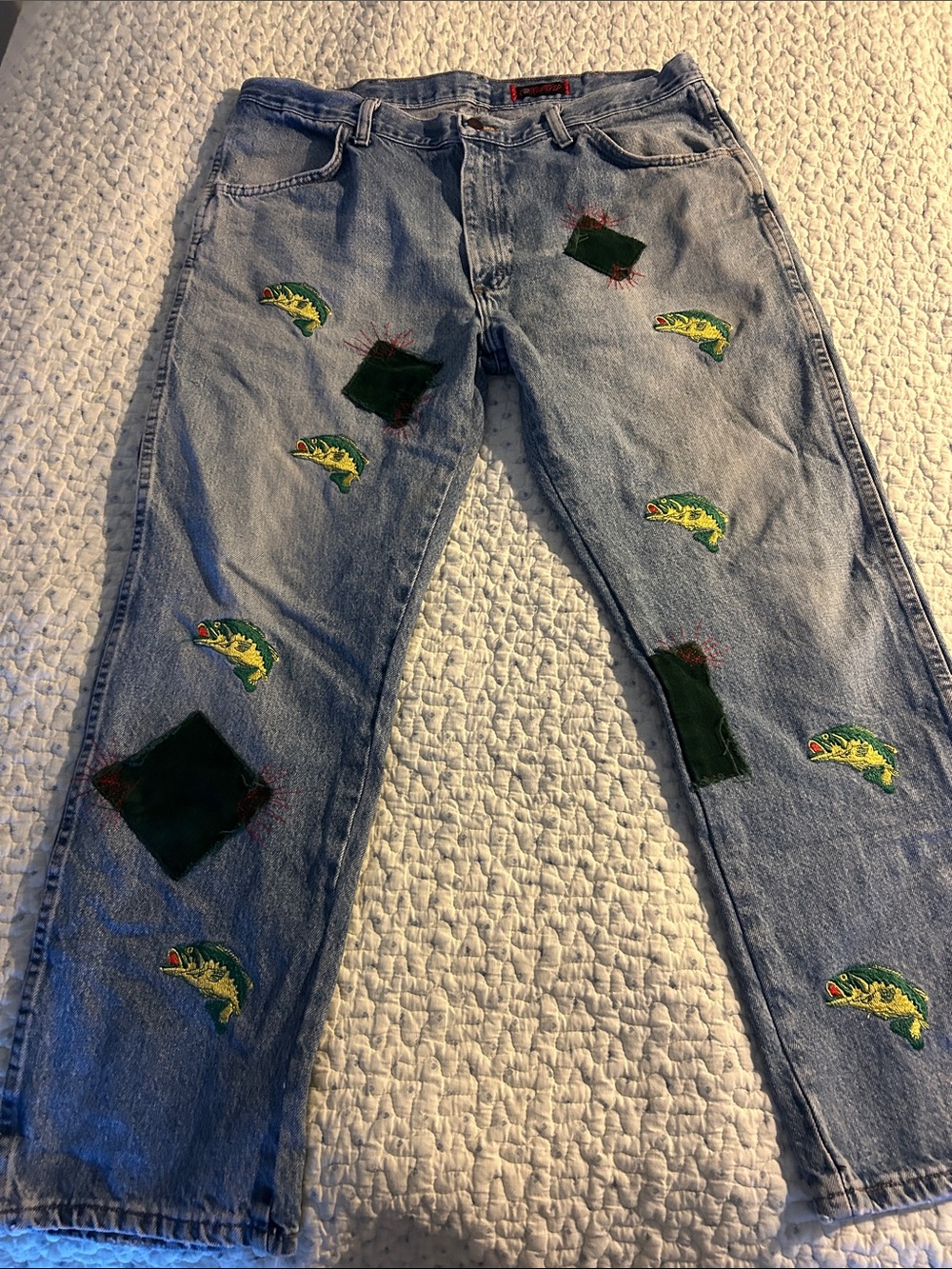 Unique hand detailedRustler Light Blue Straight Jeans with Green Fish Embroidery